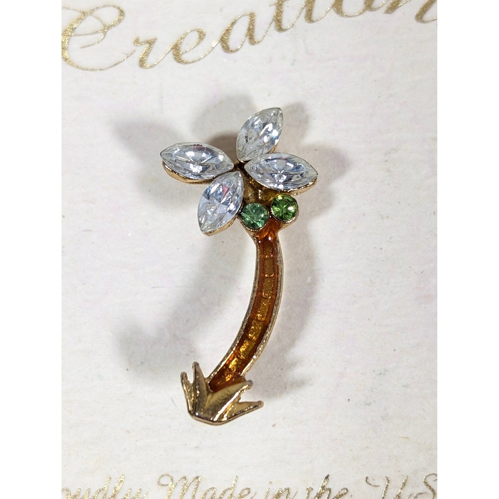 Vintage Palm Tree Brooch Austrian Crystal Gold Tone Made in USA Tropical